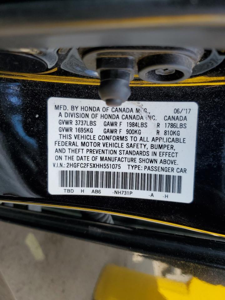 2017 Honda Civic VIN 2HGFC2F5XHH551075 Copart auction photo, front end / side damage thumbnail 15