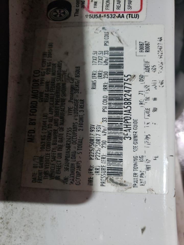 2011 Ford Fusion VIN 3FAHP0JA5BR247755 Copart auction photo, front end damage thumbnail 12