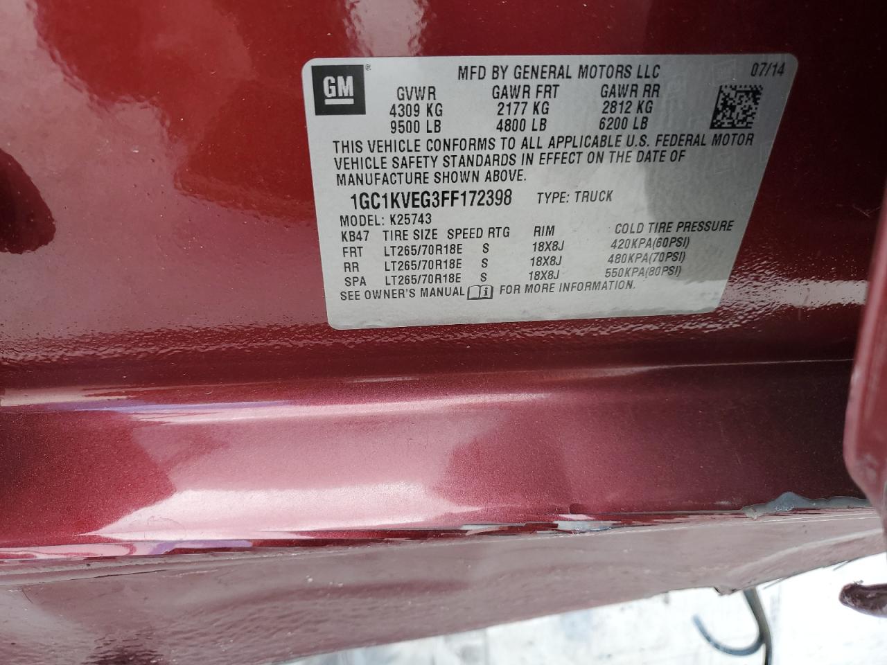 2015 Chevrolet Silverado VIN 1GC1KVEG3FF172398 Copart auction photo, side / rear end damage thumbnail 12