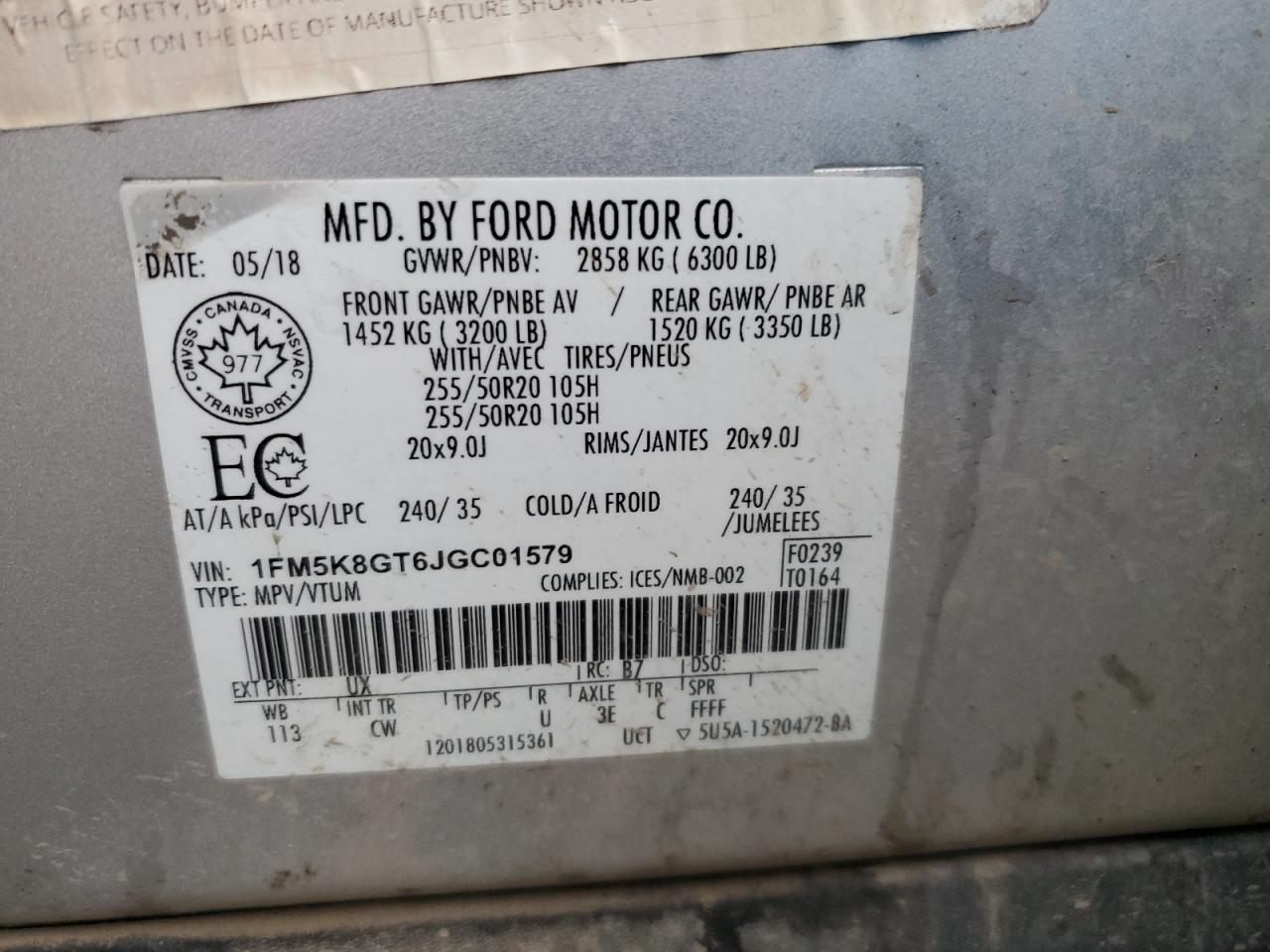 2018 Ford Explorer VIN 1FM5K8GT6JGC01579 Copart auction photo, rear end damage thumbnail 13
