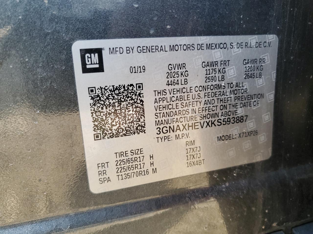 2019 Chevrolet Equinox VIN 3GNAXHEVXKS593887 Copart auction photo, front end damage thumbnail 15