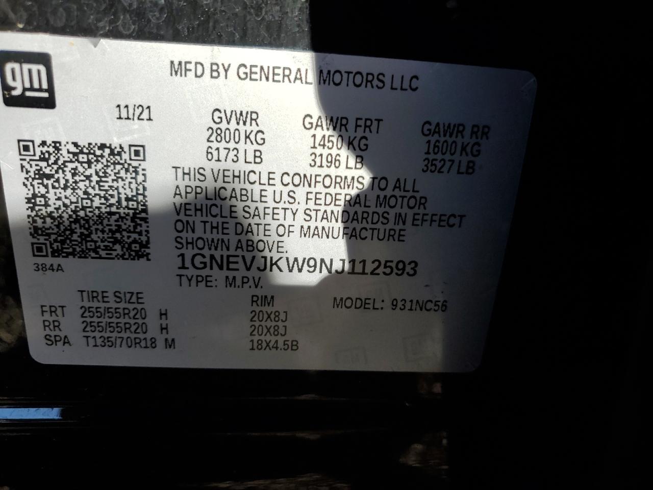2022 Chevrolet Traverse VIN 1GNEVJKW9NJ112593 Copart auction photo, all over damage thumbnail 15