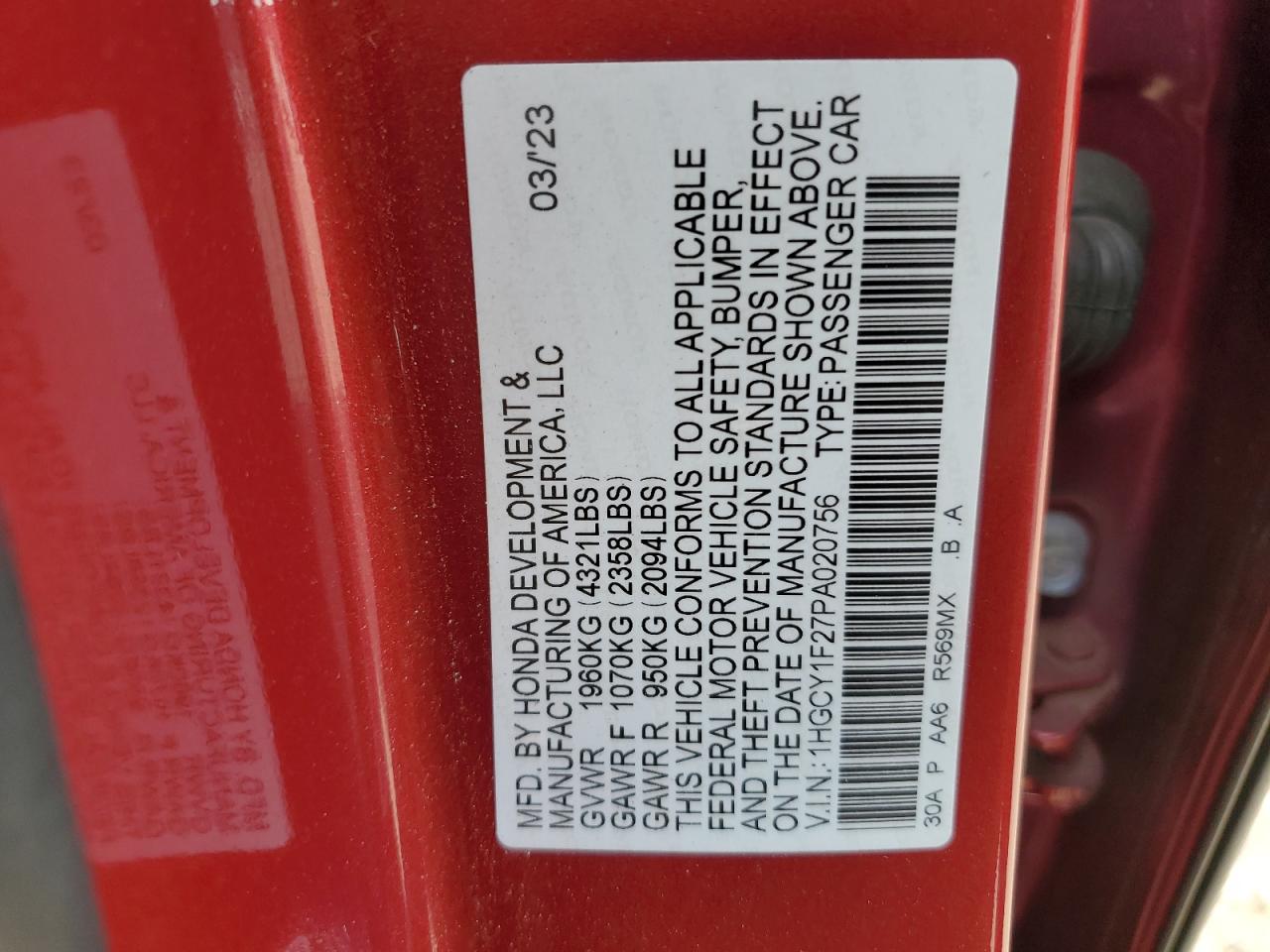 2023 Honda Accord VIN 1HGCY1F27PA020756 Copart auction photo, front end damage thumbnail 12
