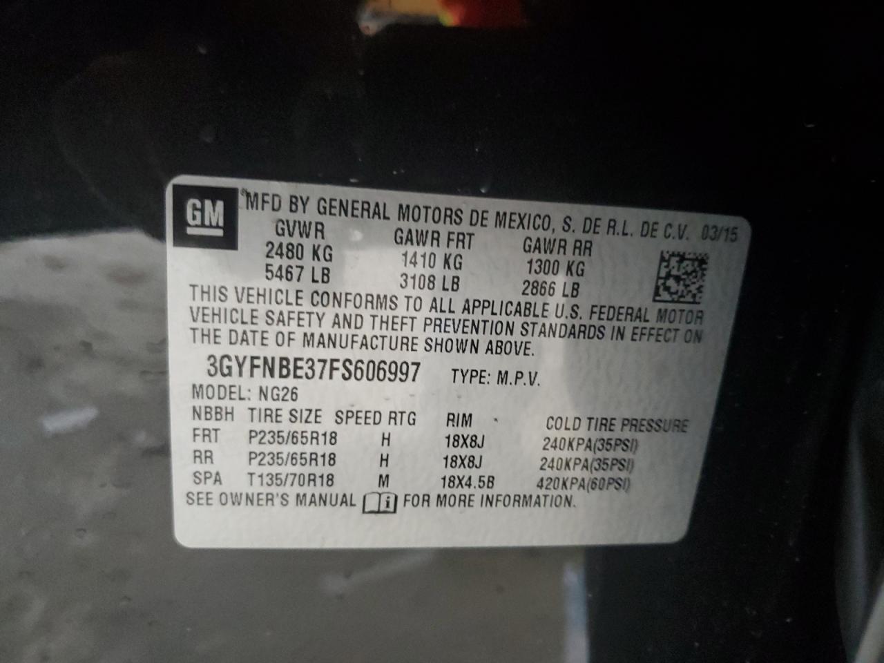2015 Cadillac SRX VIN 3GYFNBE37FS606997 Copart auction photo, front end / side damage thumbnail 13