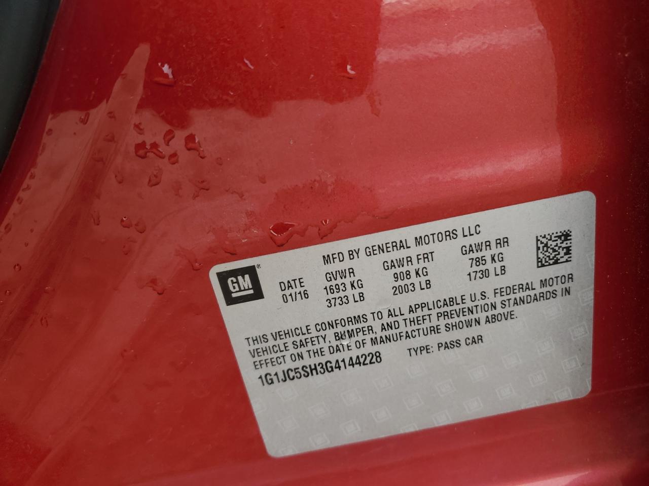 2016 Chevrolet Sonic VIN 1G1JC5SH3G4144228 Copart auction photo, rear end damage thumbnail 12