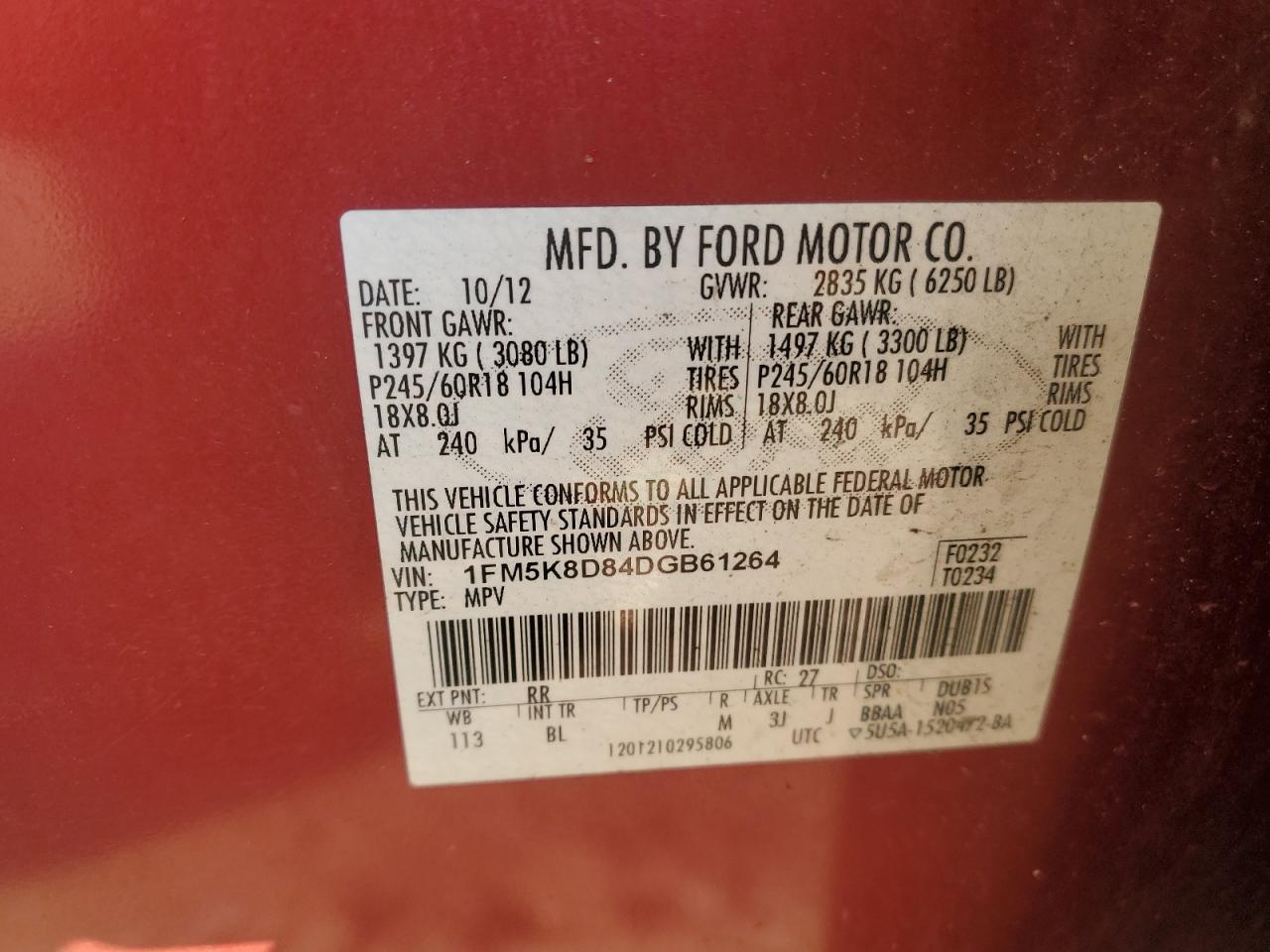 2013 Ford Explorer VIN 1FM5K8D84DGB61264 Copart auction photo, front end / side damage thumbnail 14