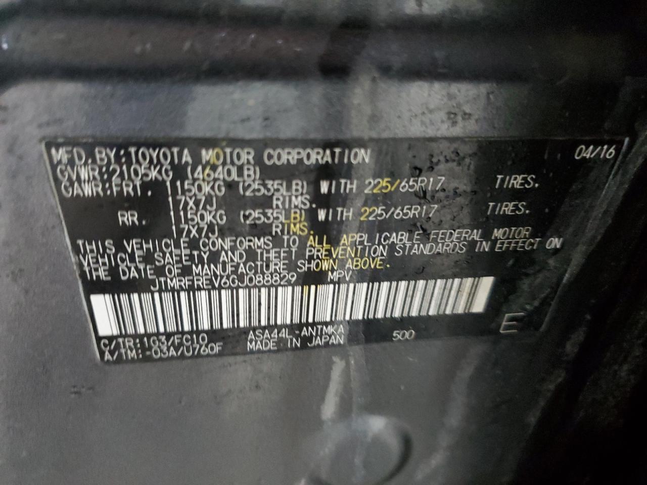 2016 Toyota RAV 4 VIN JTMRFREV6GJ088829 Copart auction photo, front end / all over damage thumbnail 15