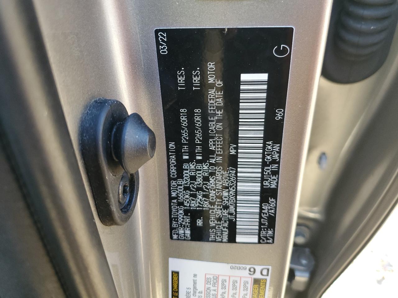 2022 Lexus GX VIN JTJAM7BX9N5326947 Copart auction photo, top/roof / front end damage thumbnail 15