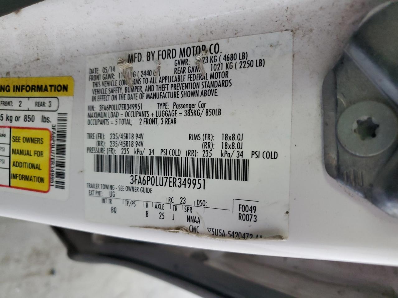 2014 Ford Fusion VIN 3FA6P0LU7ER349951 Copart auction photo, front end / undercarriage damage thumbnail 13
