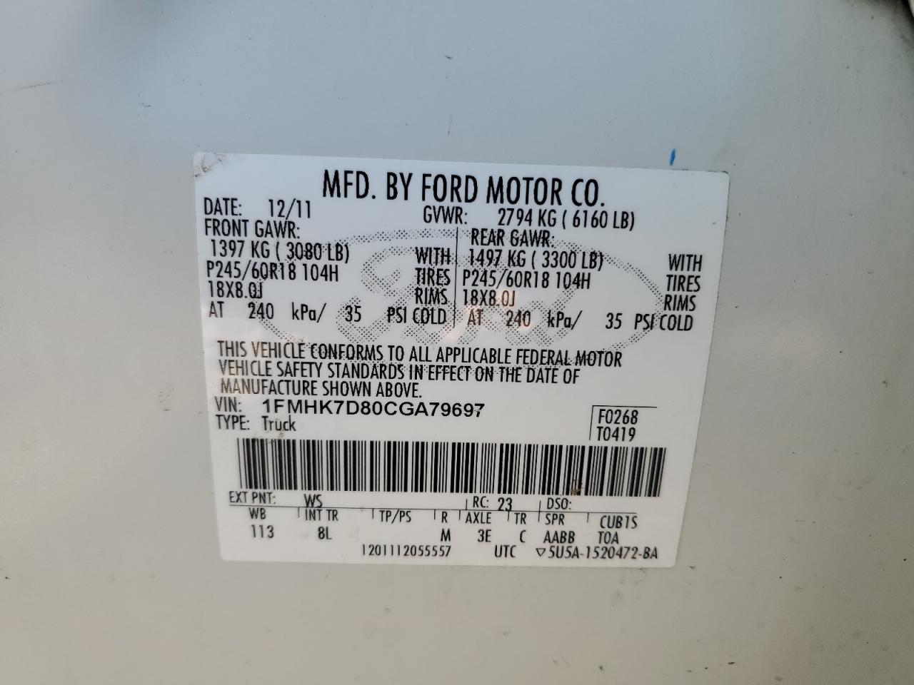 2012 Ford Explorer VIN 1FMHK7D80CGA79697 Copart auction photo, side / rear end damage thumbnail 16