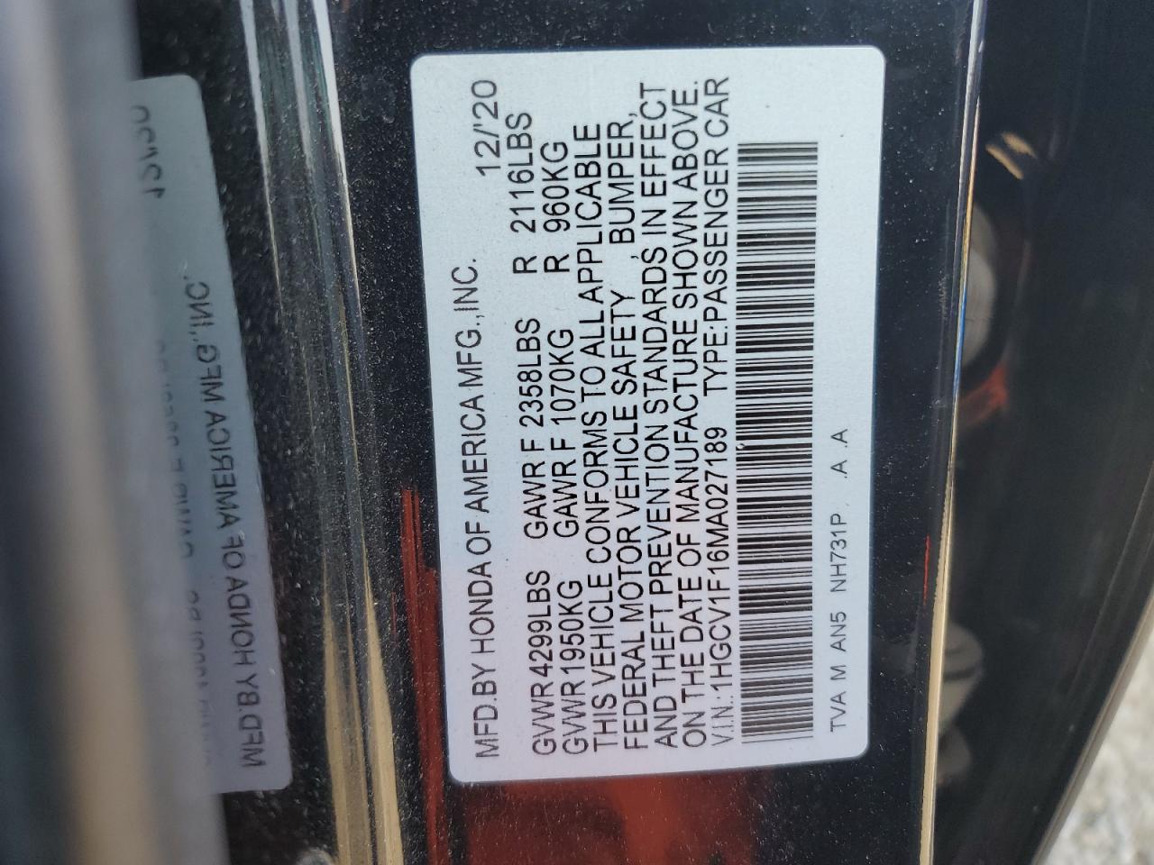2021 Honda Accord VIN 1HGCV1F16MA027189 Copart auction photo, front end damage thumbnail 13