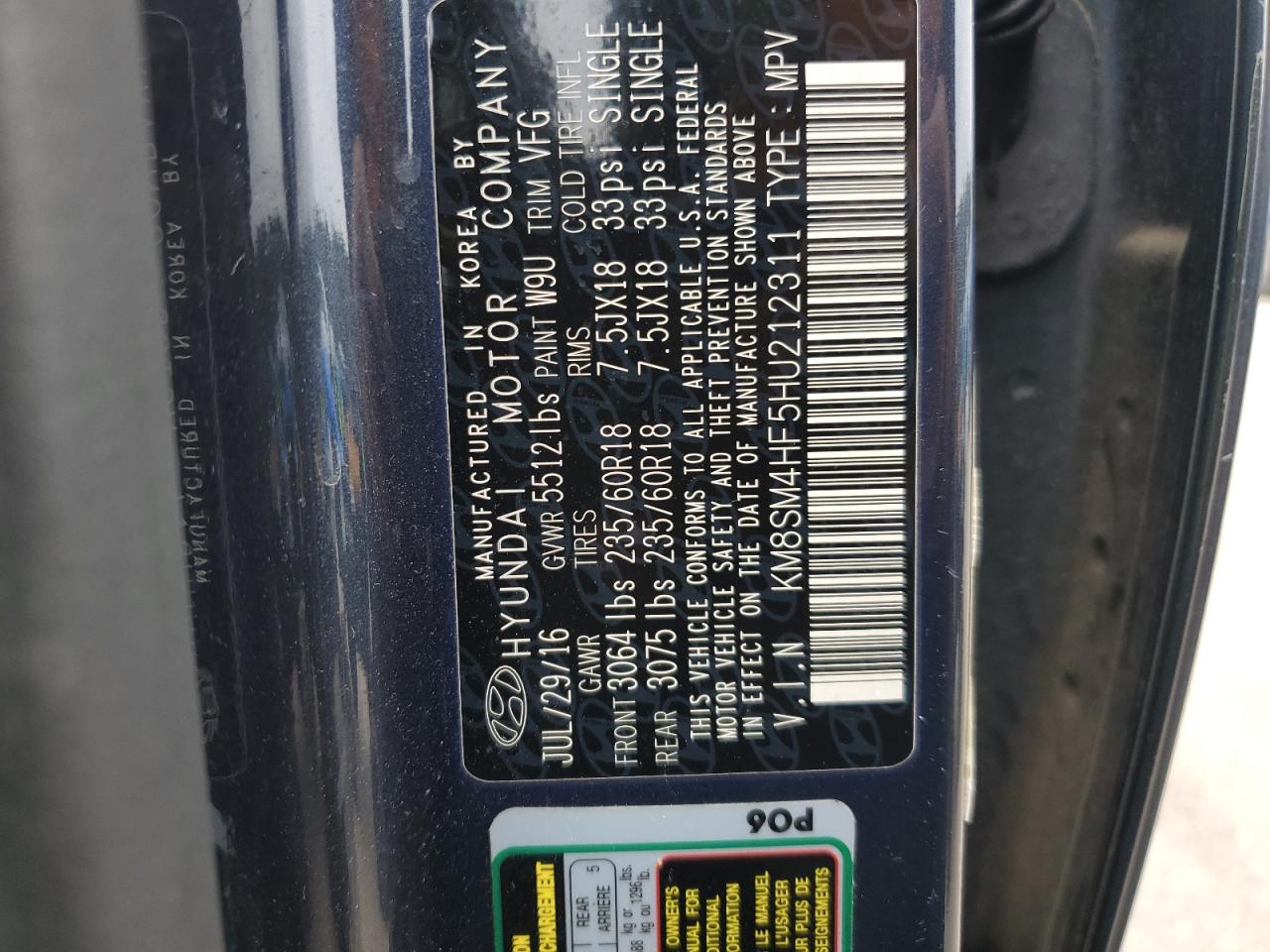 2017 Hyundai Santa Fe VIN KM8SM4HF5HU212311 Copart auction photo, side / front end damage thumbnail 13