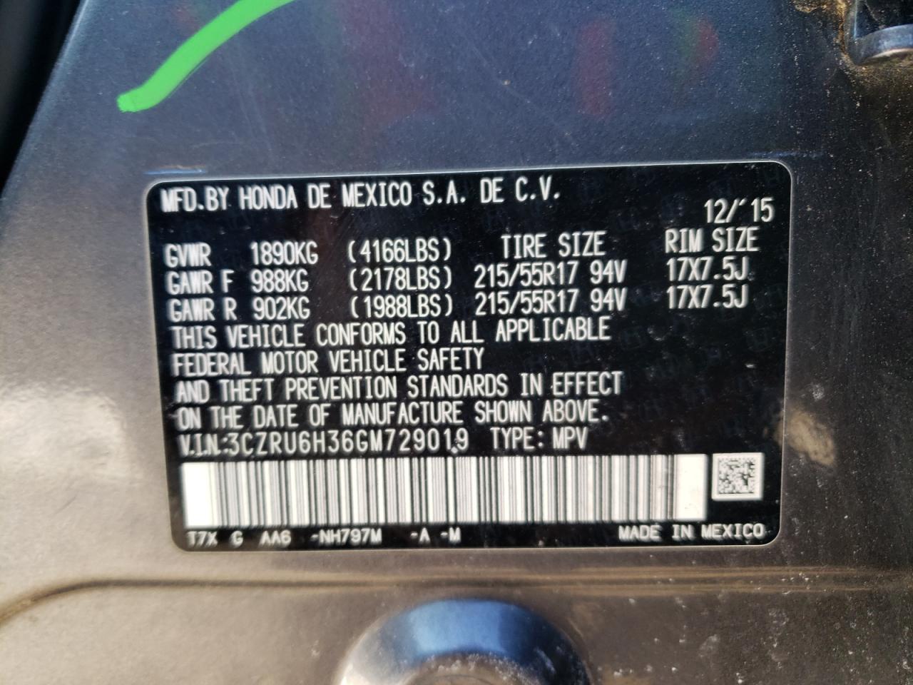 2016 Honda HR-V VIN 3CZRU6H36GM729019 Copart auction photo, side / rear end damage thumbnail 13