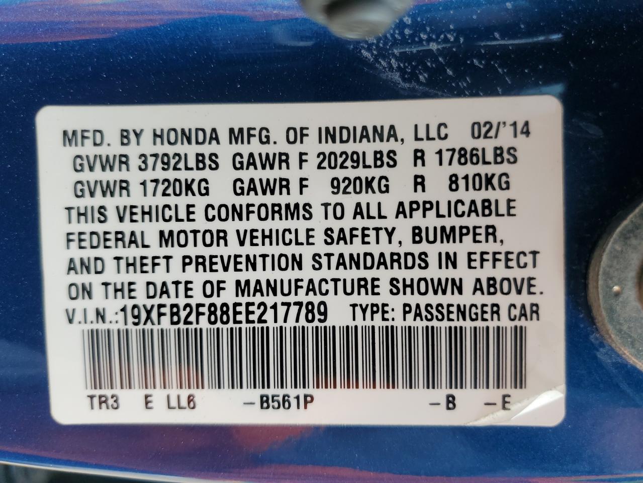 2014 Honda Civic VIN 19XFB2F88EE217789 Copart auction photo, rear end / minor dent/scratches damage thumbnail 14