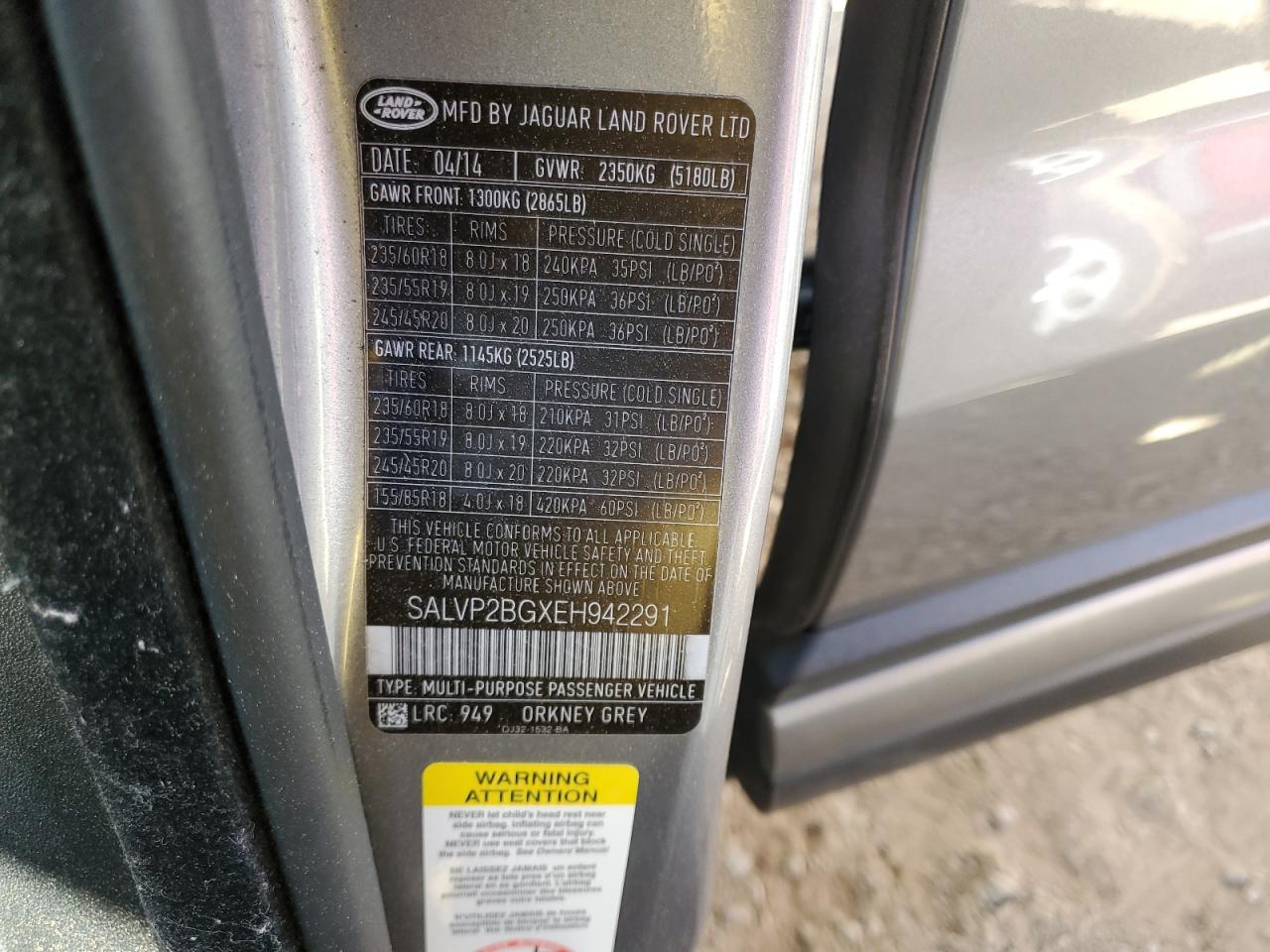 2014 Land Rover Range Rover VIN SALVP2BGXEH942291 Copart auction photo, front end damage thumbnail 14