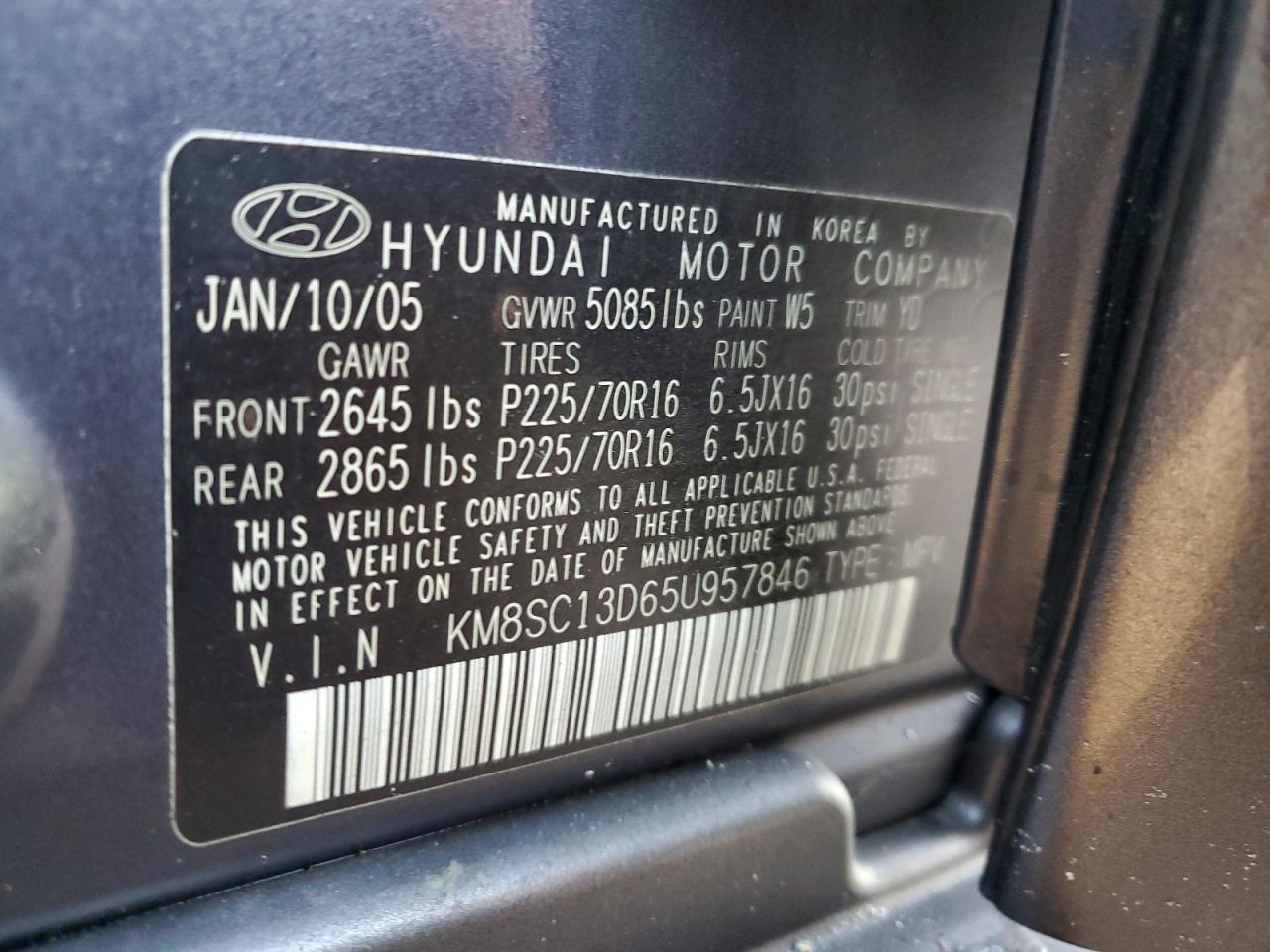2005 Hyundai Santa Fe VIN KM8SC13D65U957846 Copart auction photo, water/flood damage thumbnail 13