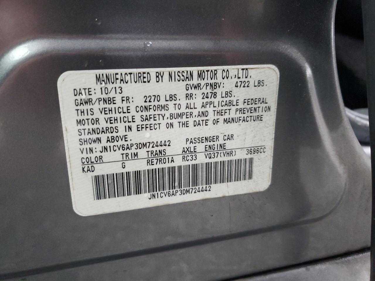 2013 Infiniti G VIN JN1CV6AP3DM724442 Copart auction photo, all over damage thumbnail 13