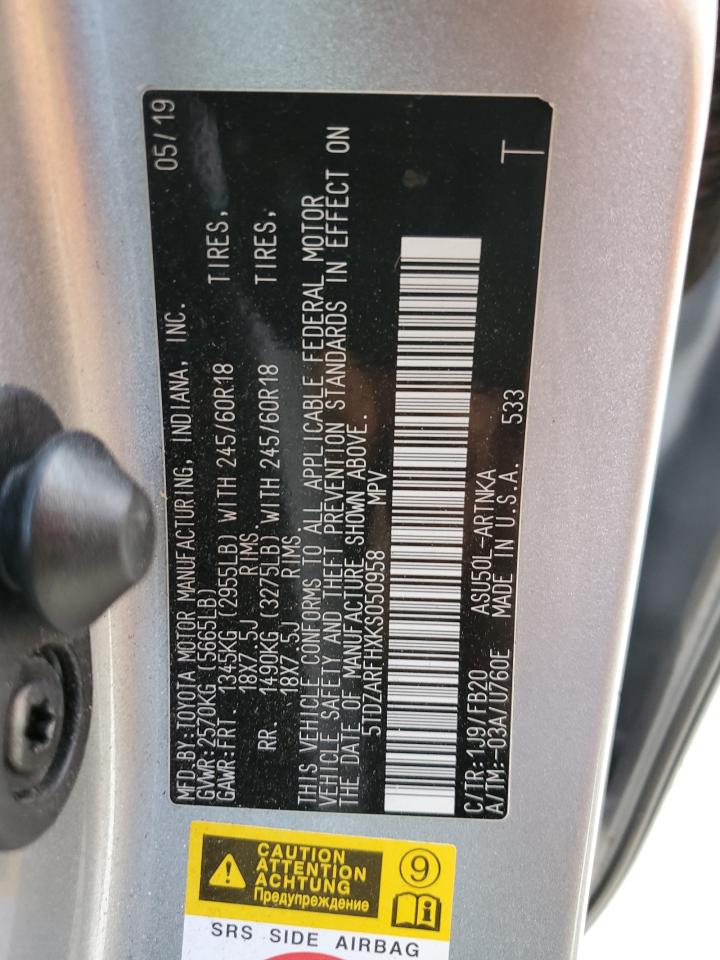 2019 Toyota Highlander VIN 5TDZARFHXKS050958 Copart auction photo, rollover damage thumbnail 15