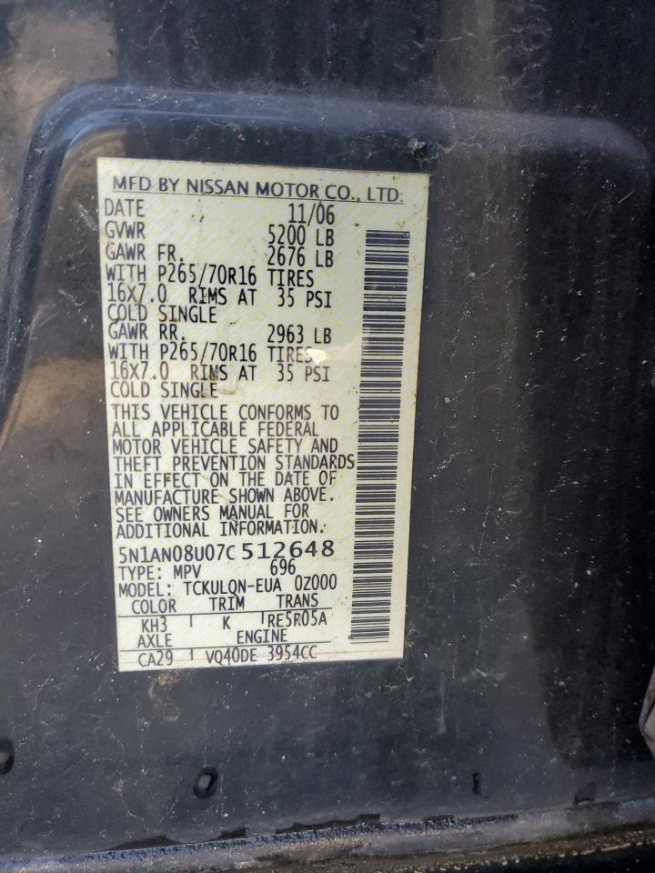 2007 Nissan XTerra VIN 5N1AN08U07C512648 Copart auction photo, vandalism damage thumbnail 13