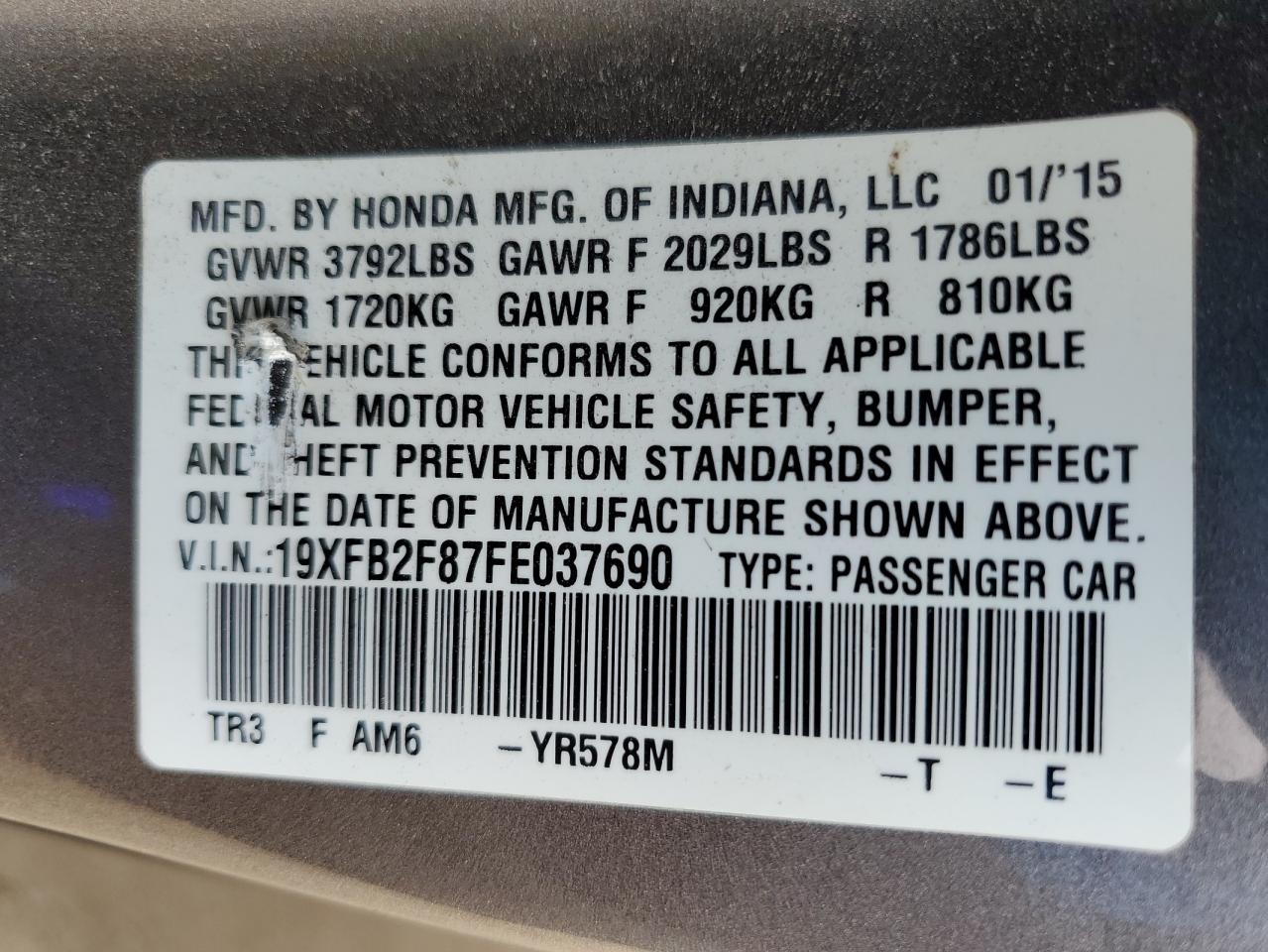 2015 Honda Civic VIN 19XFB2F87FE037690 Copart auction photo, all over damage thumbnail 13
