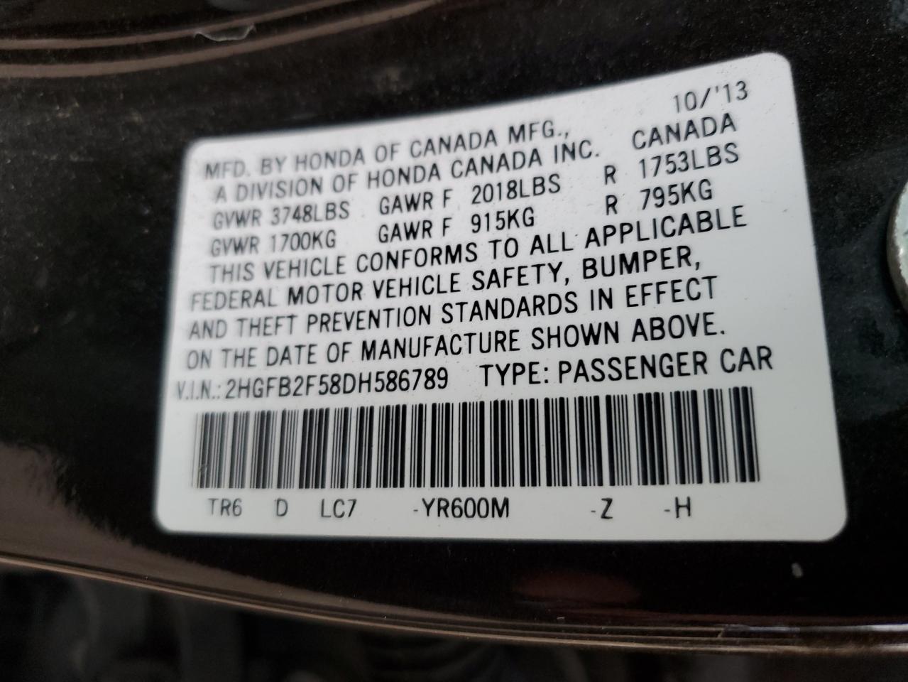 2013 Honda Civic VIN 2HGFB2F58DH586789 Copart auction photo, all over damage thumbnail 13