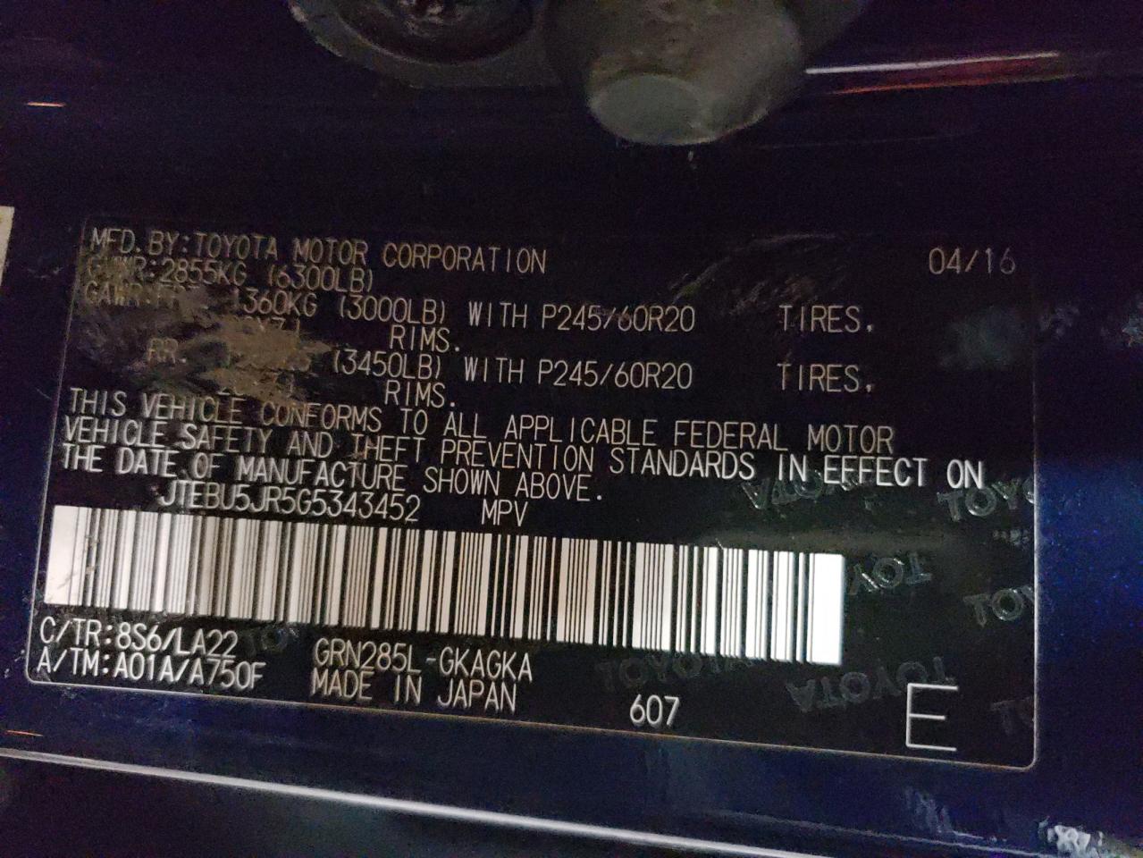 2016 Toyota 4Runner VIN JTEBU5JR5G5343452 Copart auction photo, front end damage thumbnail 15