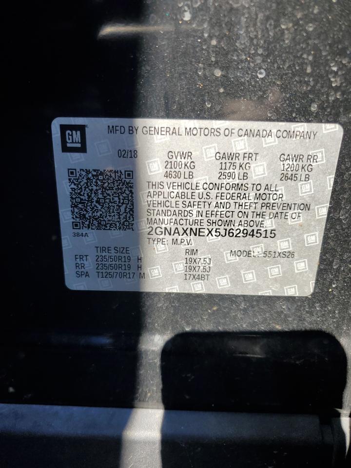 2018 Chevrolet Equinox VIN 2GNAXNEX5J6294515 Copart auction photo, rear end / front end damage thumbnail 14