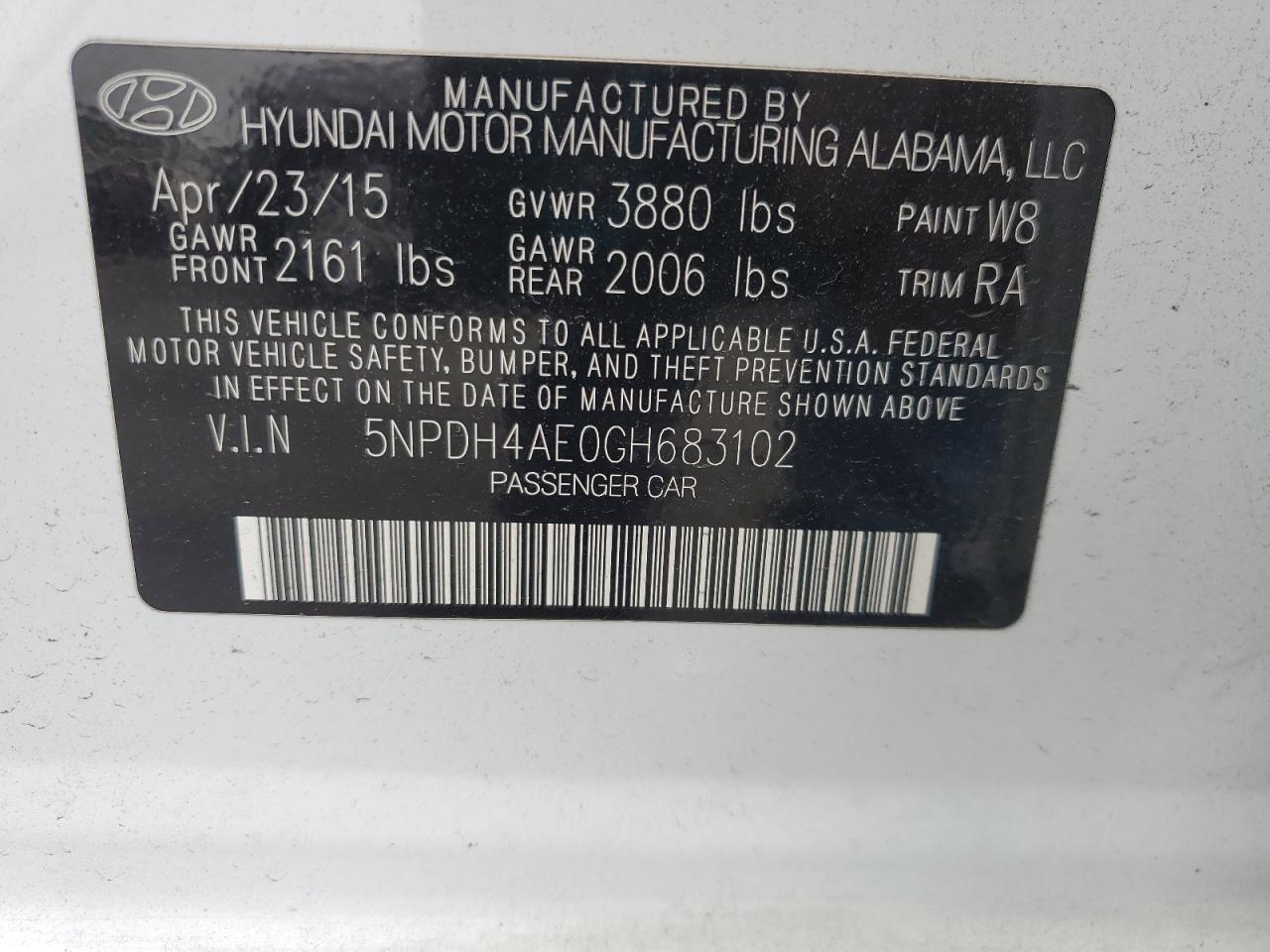 2016 Hyundai Elantra VIN 5NPDH4AE0GH683102 Copart auction photo, rear end damage thumbnail 12