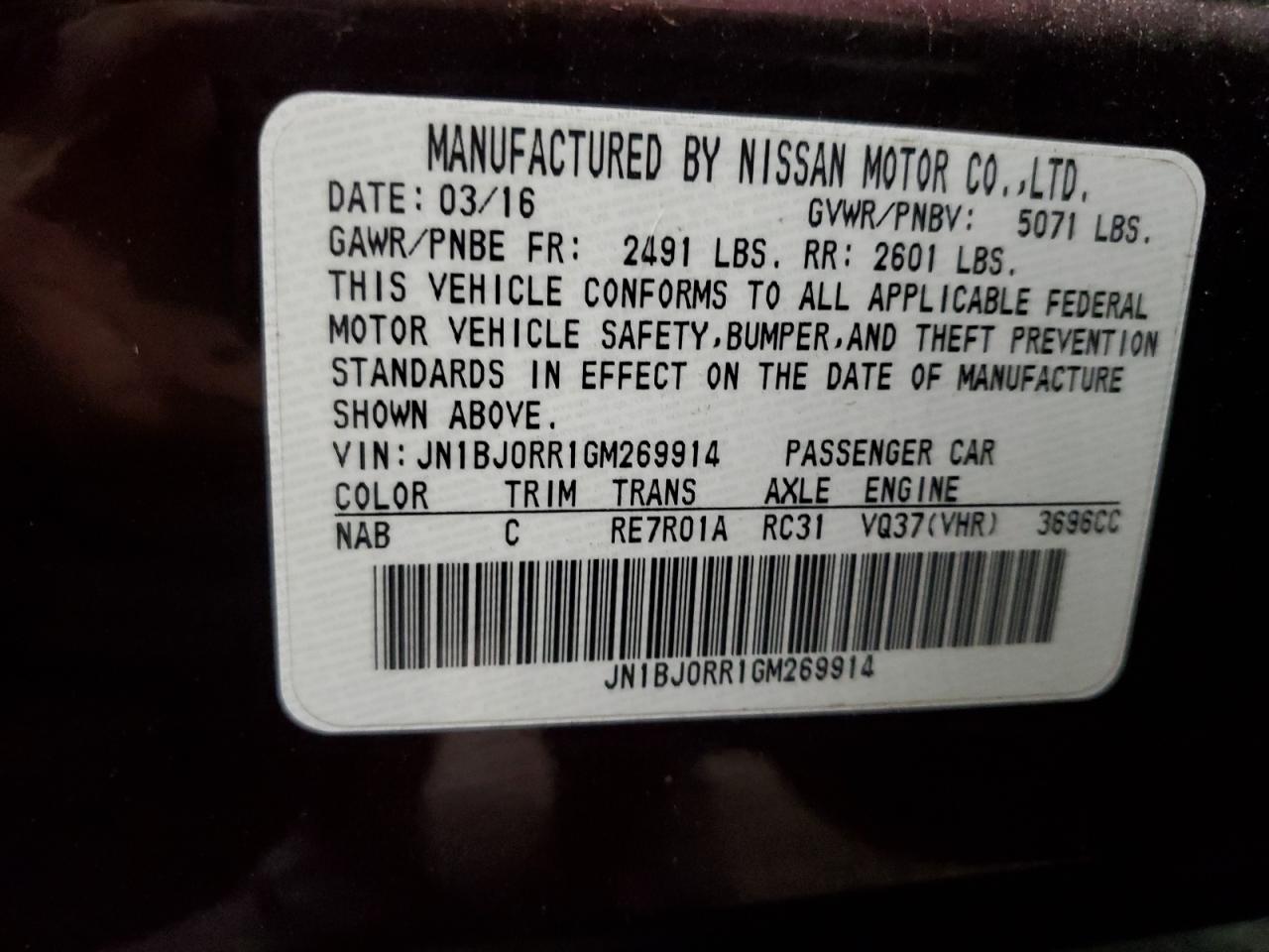 2016 Infiniti QX50 VIN JN1BJ0RR1GM269914 Copart auction photo, all over damage thumbnail 14