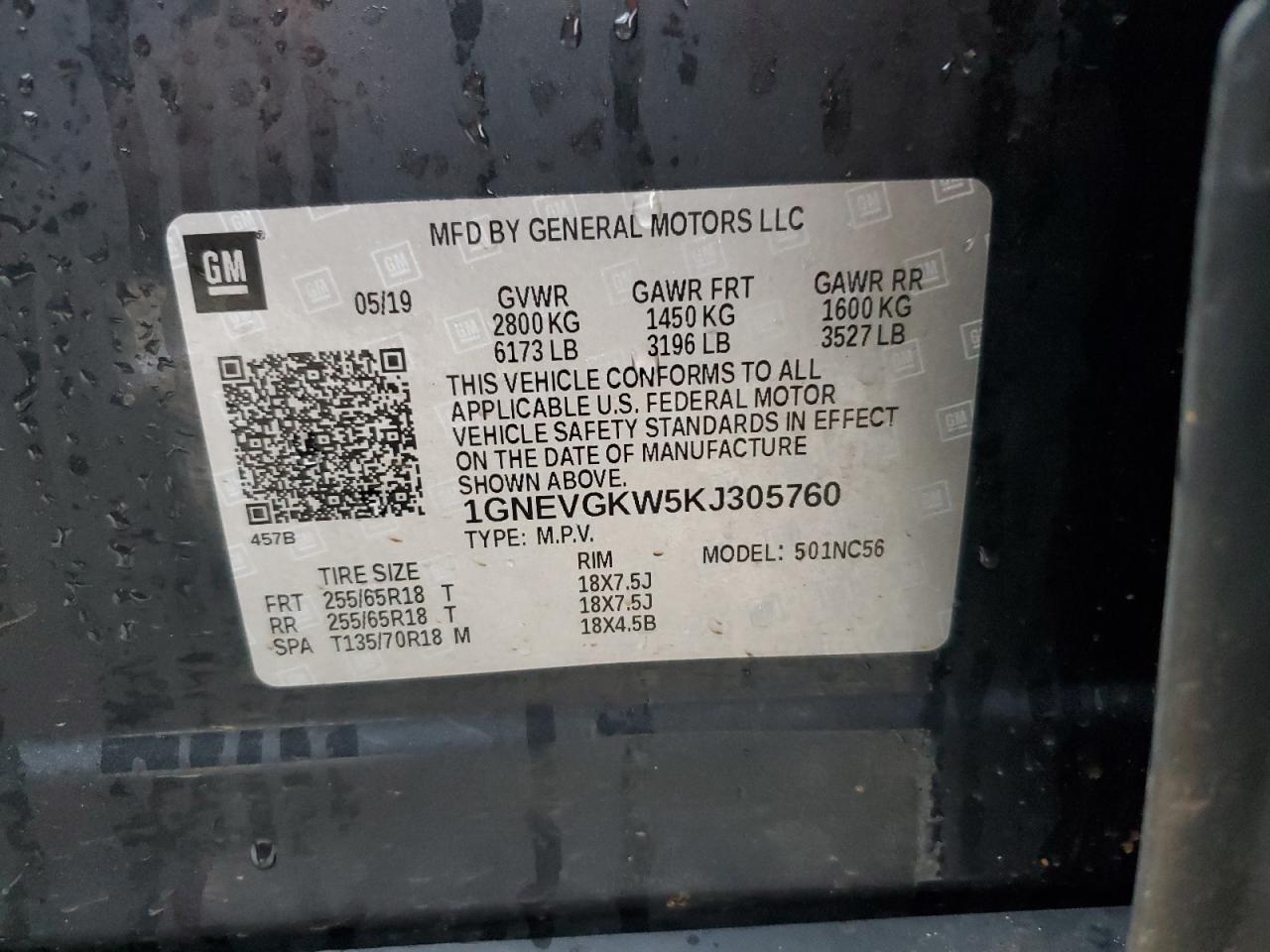 2019 Chevrolet Traverse VIN 1GNEVGKW5KJ305760 Copart auction photo, front end / side damage thumbnail 14