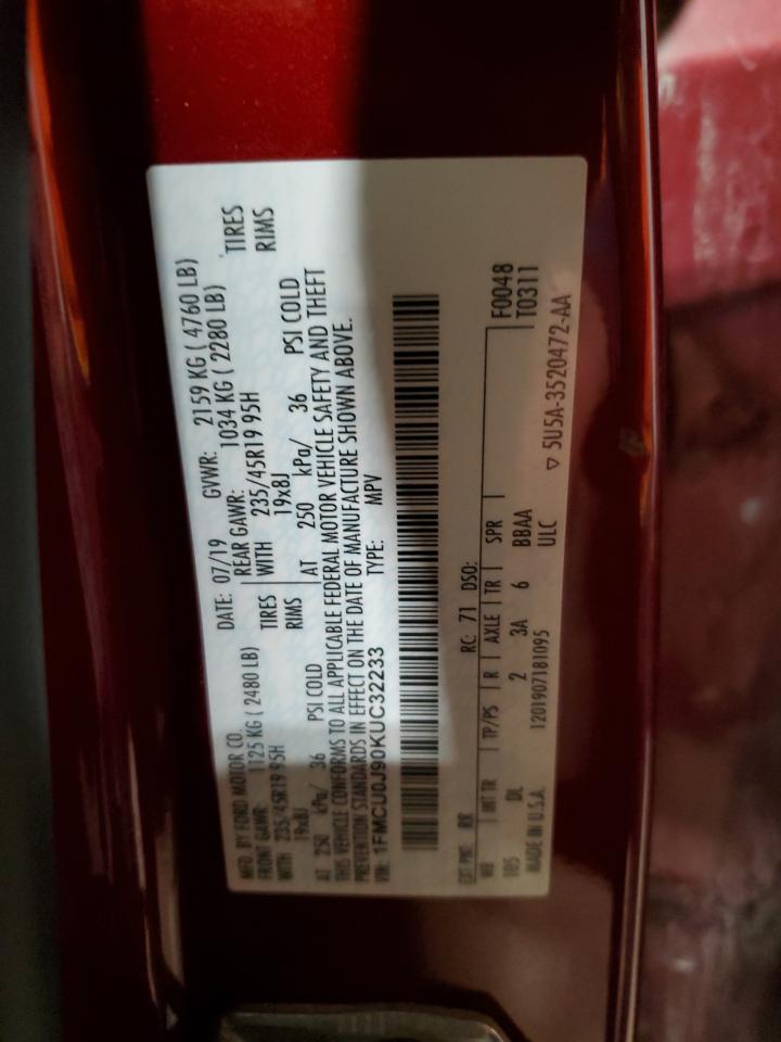 2019 Ford Escape VIN 1FMCU0J90KUC32233 Copart auction photo, all over damage thumbnail 15