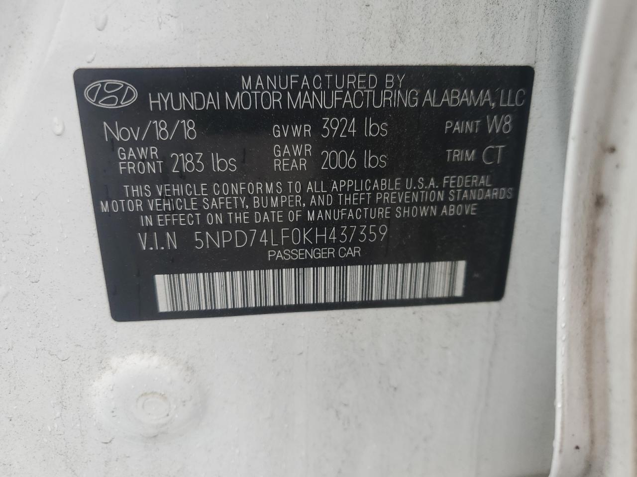 2019 Hyundai Elantra VIN 5NPD74LF0KH437359 Copart auction photo, rear end damage thumbnail 14