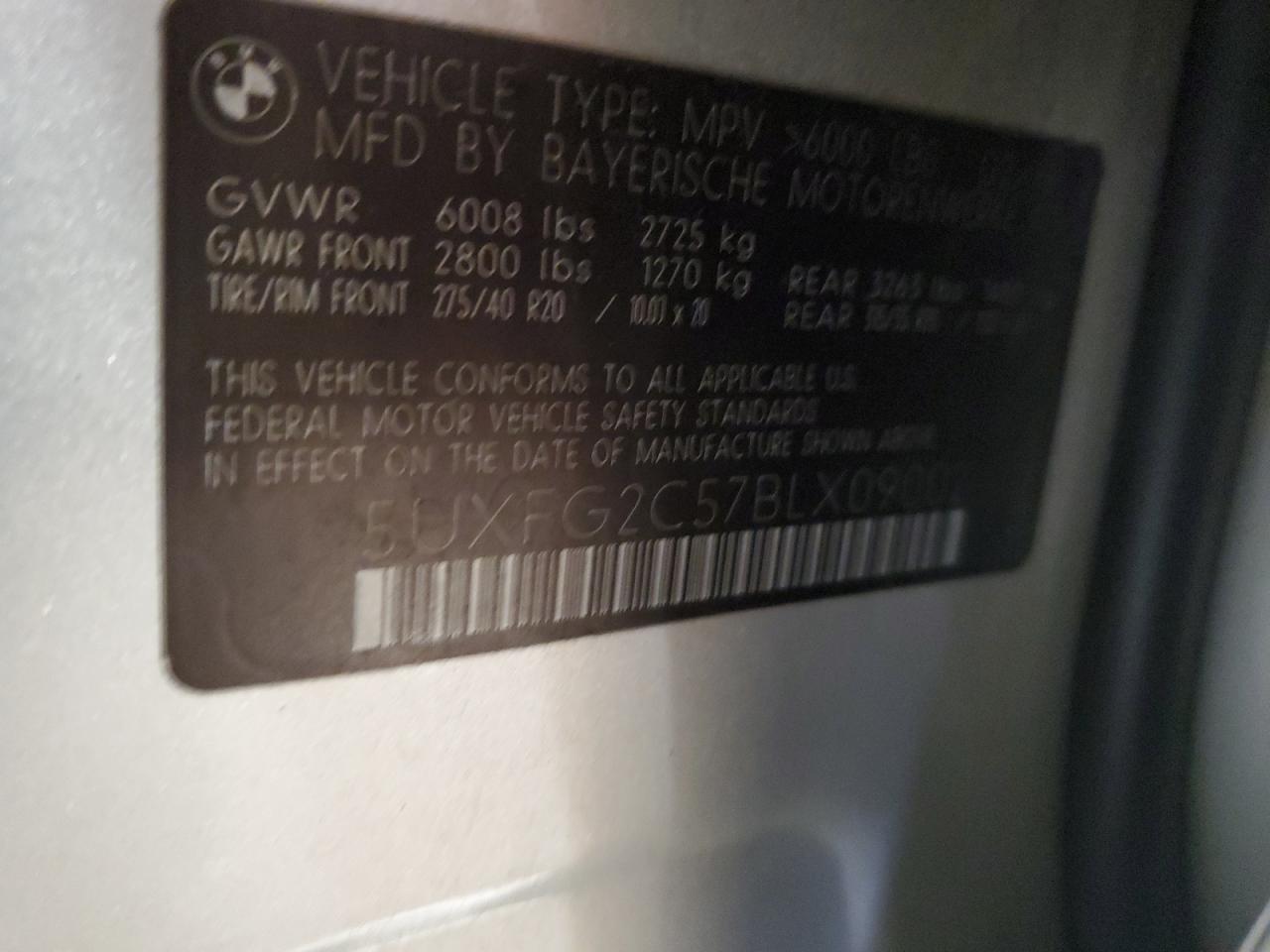 2011 BMW X6 VIN 5UXFG2C57BLX09002 Copart auction photo, front end / side damage thumbnail 13