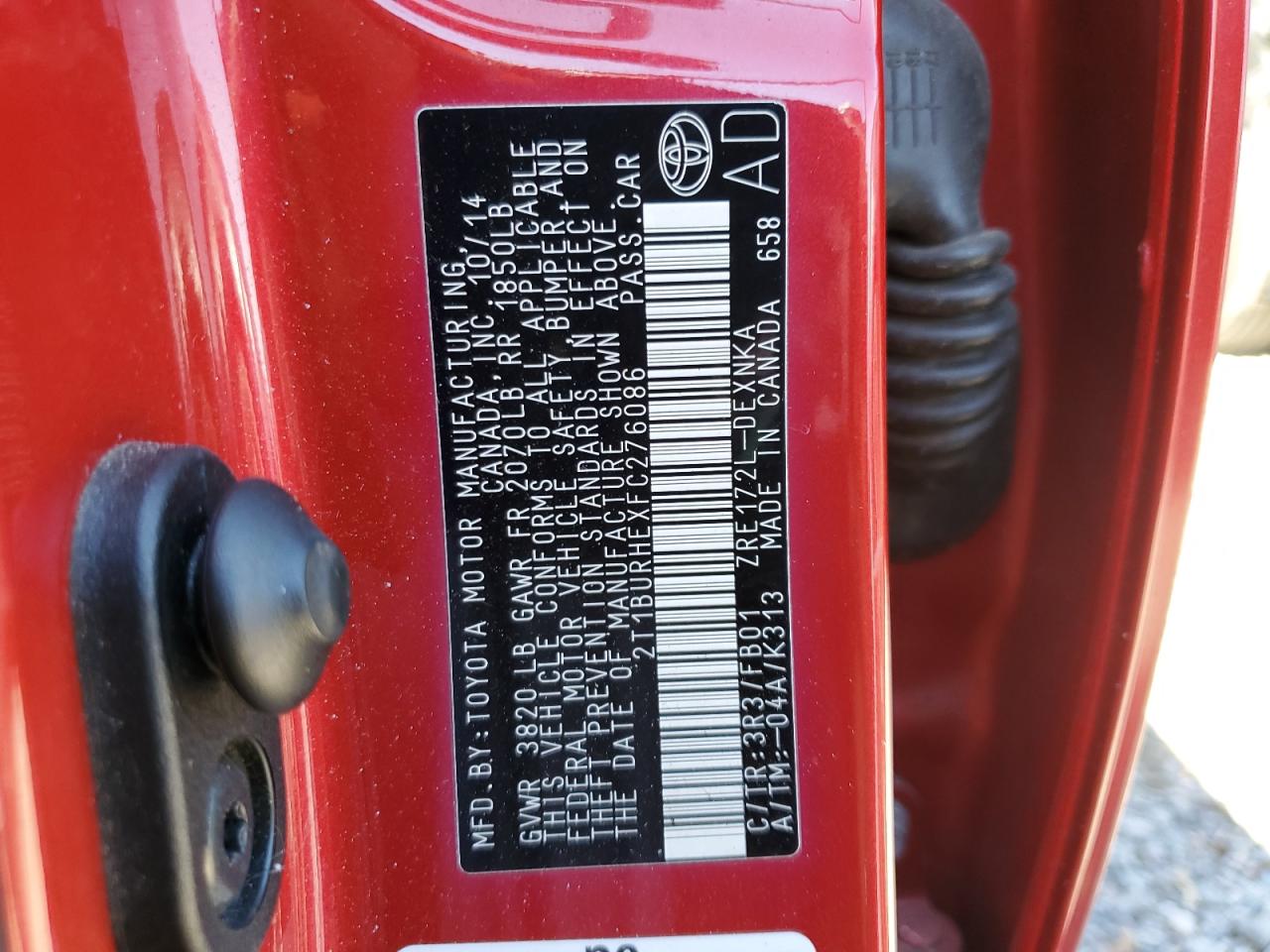 2015 Toyota Corolla VIN 2T1BURHEXFC276086 Copart auction photo, front end / side damage thumbnail 12