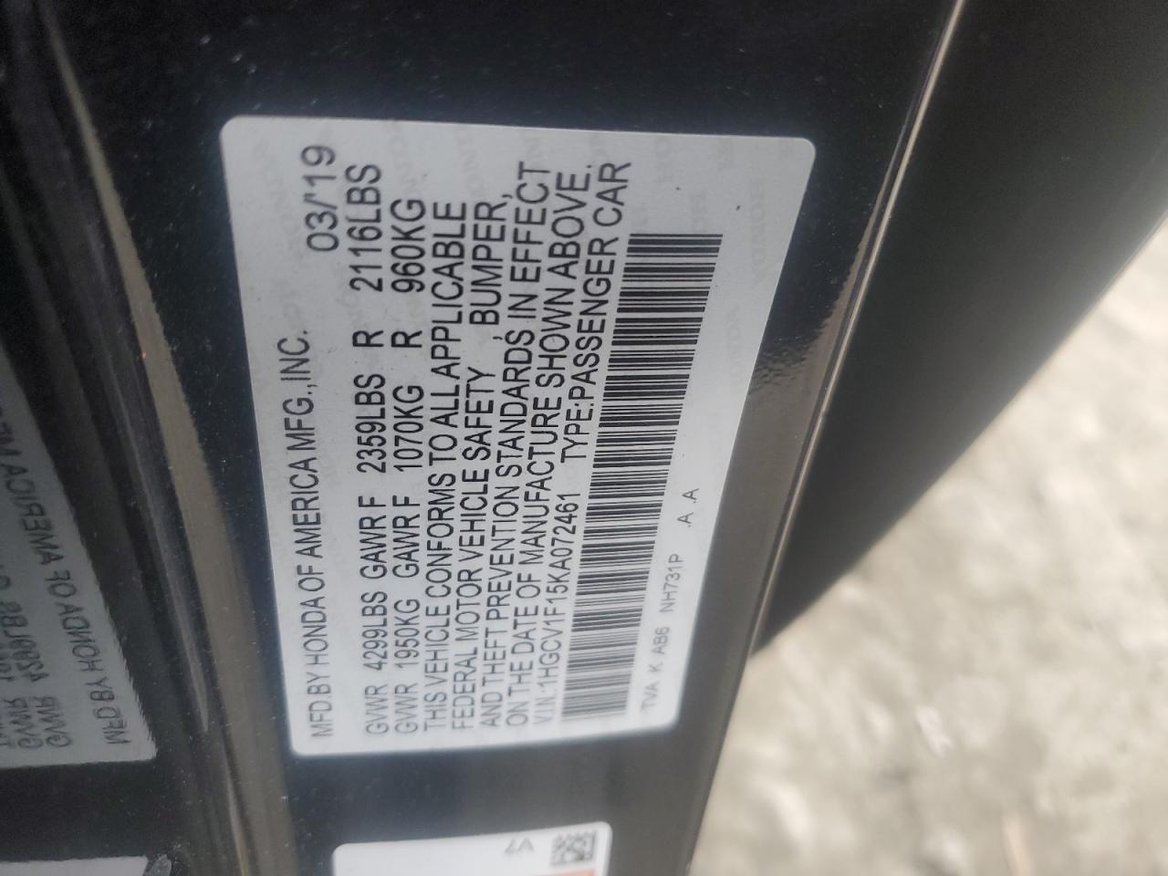 2019 Honda Accord VIN 1HGCV1F15KA072461 Copart auction photo, side damage thumbnail 14