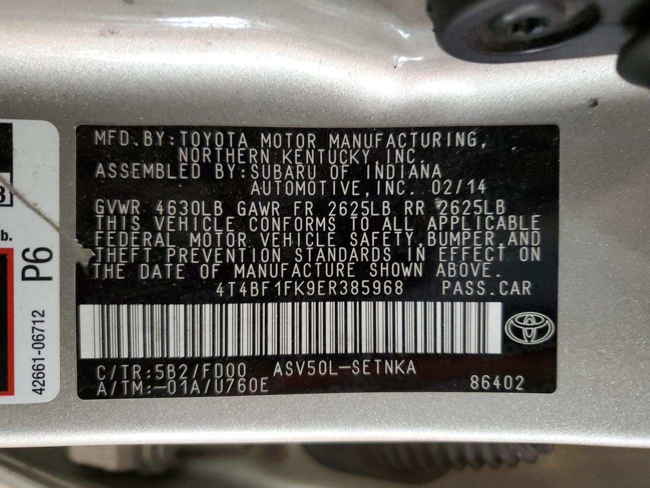 2014 Toyota Camry VIN 4T4BF1FK9ER385968 Copart auction photo, rear end damage thumbnail 12