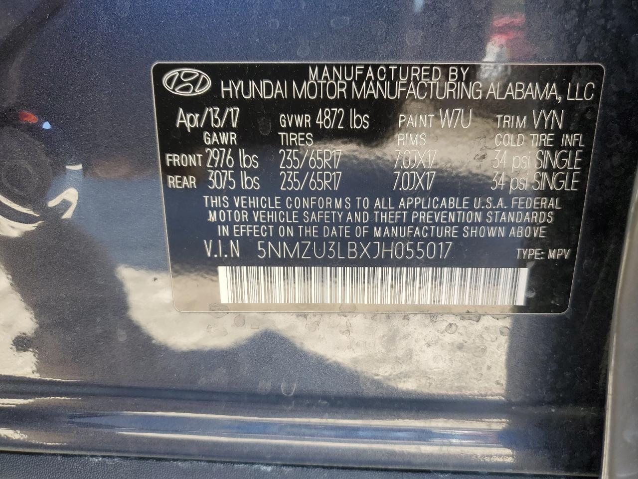 2018 Hyundai Santa Fe VIN 5NMZU3LBXJH055017 Copart auction photo, front end / minor dent/scratches damage thumbnail 13