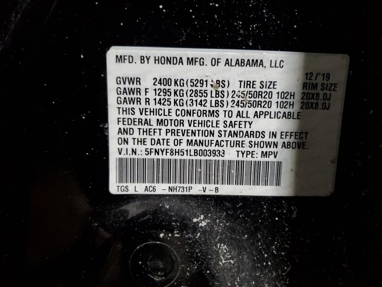 2020 Honda Passport VIN 5FNYF8H51LB003933 Copart auction photo, rear end damage thumbnail 13
