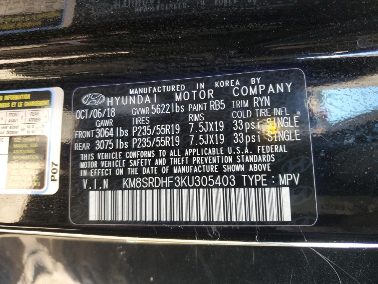 2019 Hyundai Santa Fe VIN KM8SRDHF3KU305403 Copart auction photo, front end / minor dent/scratches damage thumbnail 14
