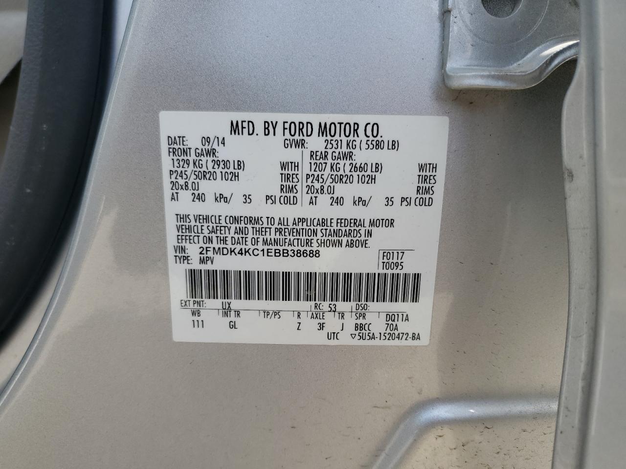 2014 Ford Edge VIN 2FMDK4KC1EBB38688 Copart auction photo, front end / hail damage thumbnail 15