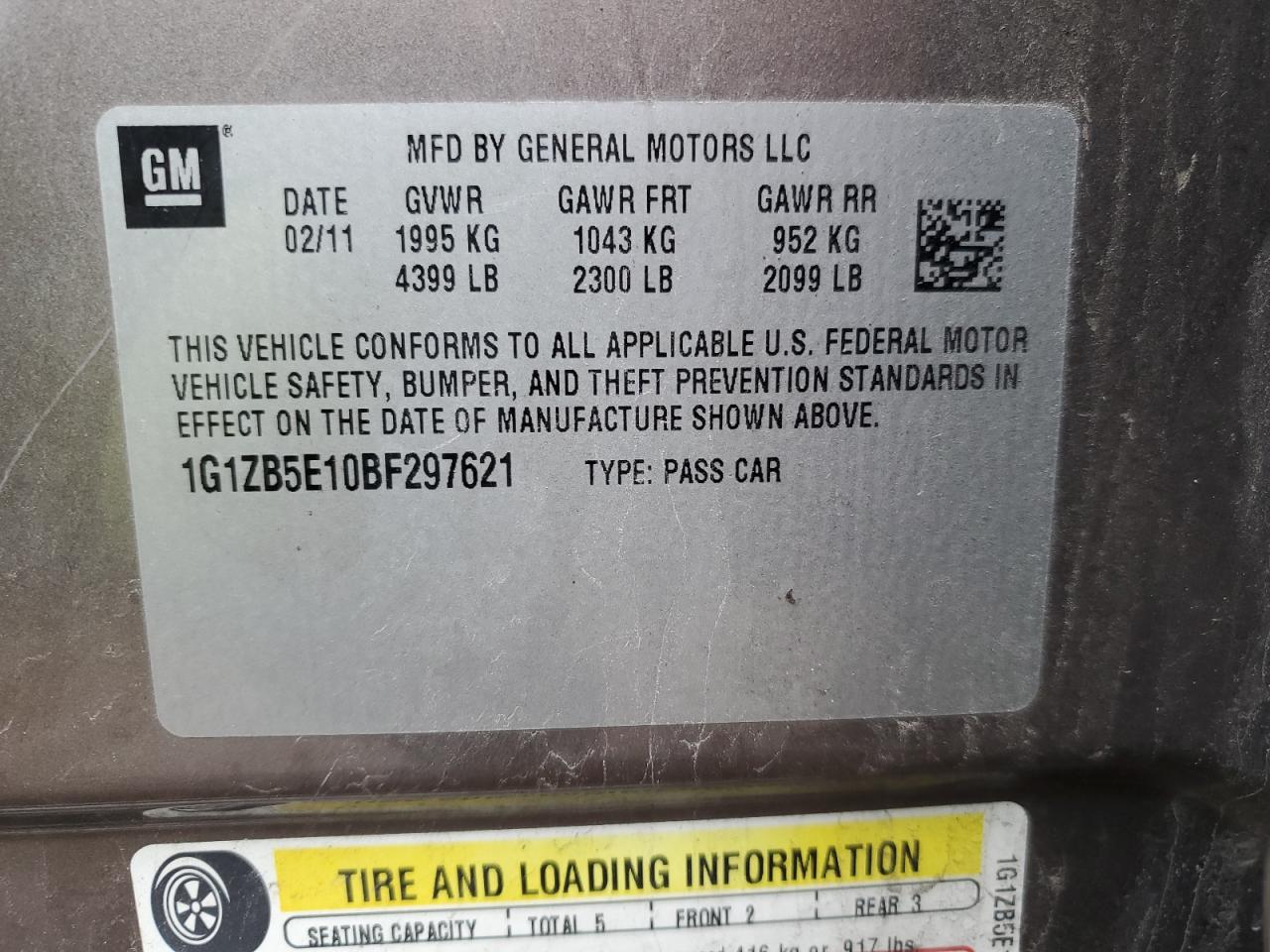 2011 Chevrolet Malibu VIN 1G1ZB5E10BF297621 Copart auction photo, front end damage thumbnail 12