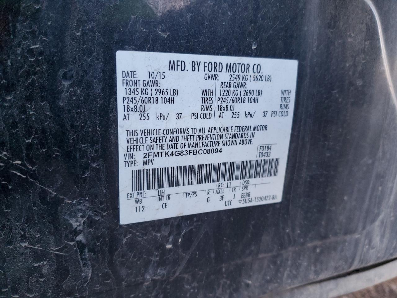 2015 Ford Edge VIN 2FMTK4G83FBC08094 Copart auction photo, front end / side damage thumbnail 13