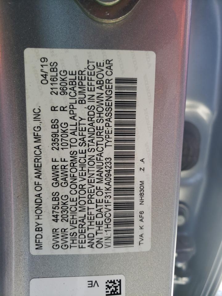 2019 Honda Accord VIN 1HGCV1F31KA094233 Copart auction photo, water/flood damage thumbnail 13