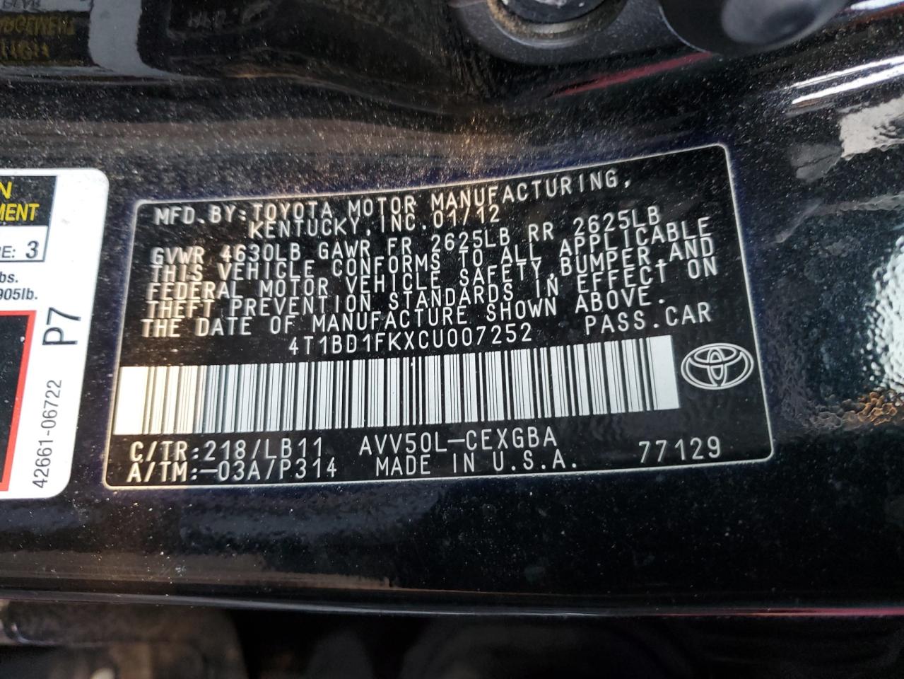 2012 Toyota Camry VIN 4T1BD1FKXCU007252 Copart auction photo, side / rear end damage thumbnail 12