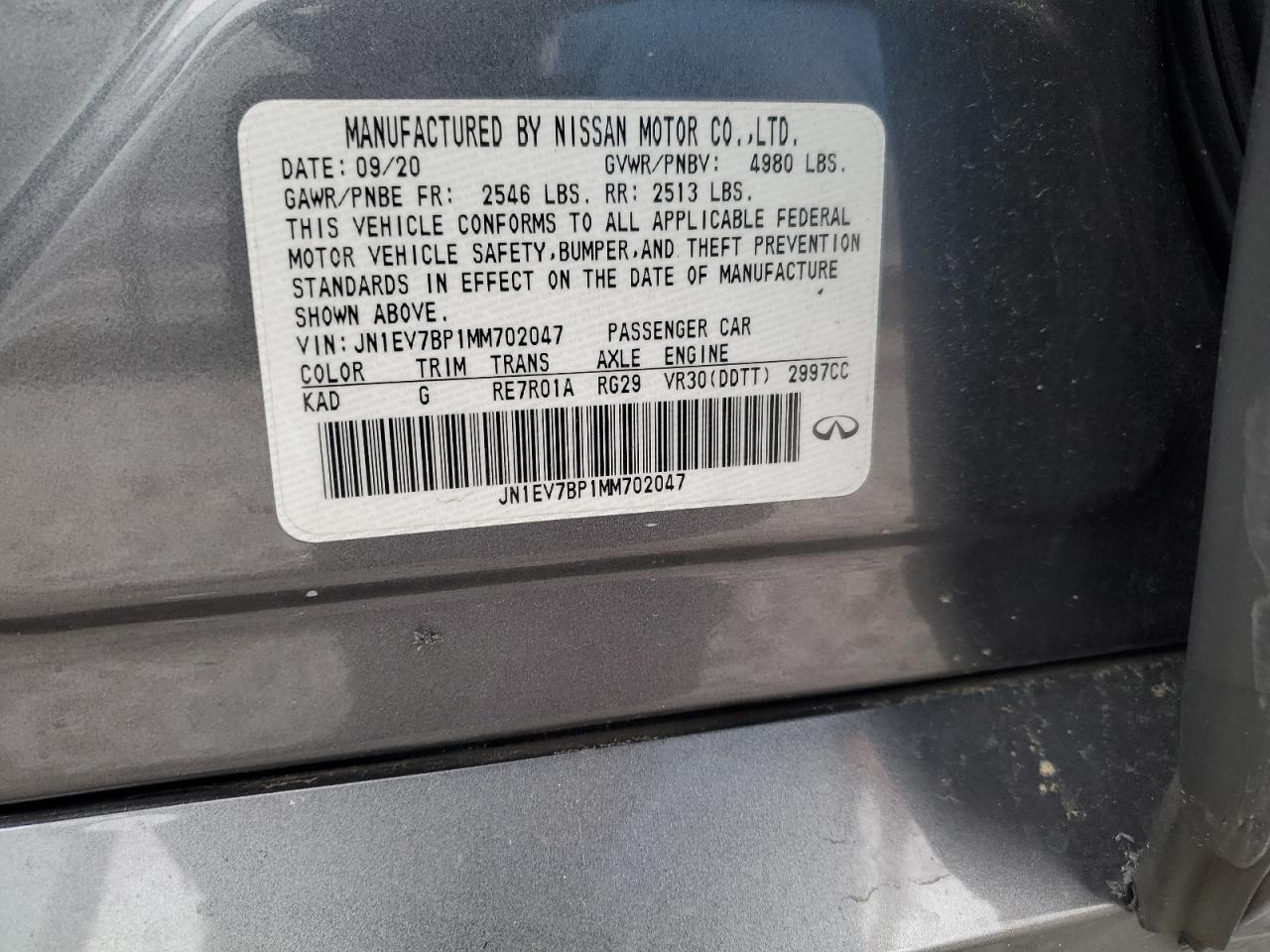2021 Infiniti Q50 VIN JN1EV7BP1MM702047 Copart auction photo, front end / side damage thumbnail 12