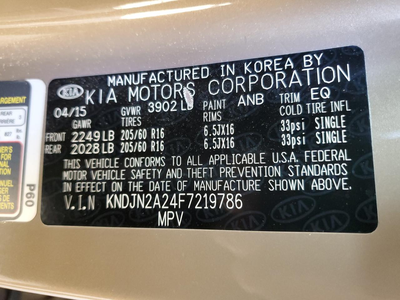 2015 KIA Soul VIN KNDJN2A24F7219786 Copart auction photo, rear end / front end damage thumbnail 12
