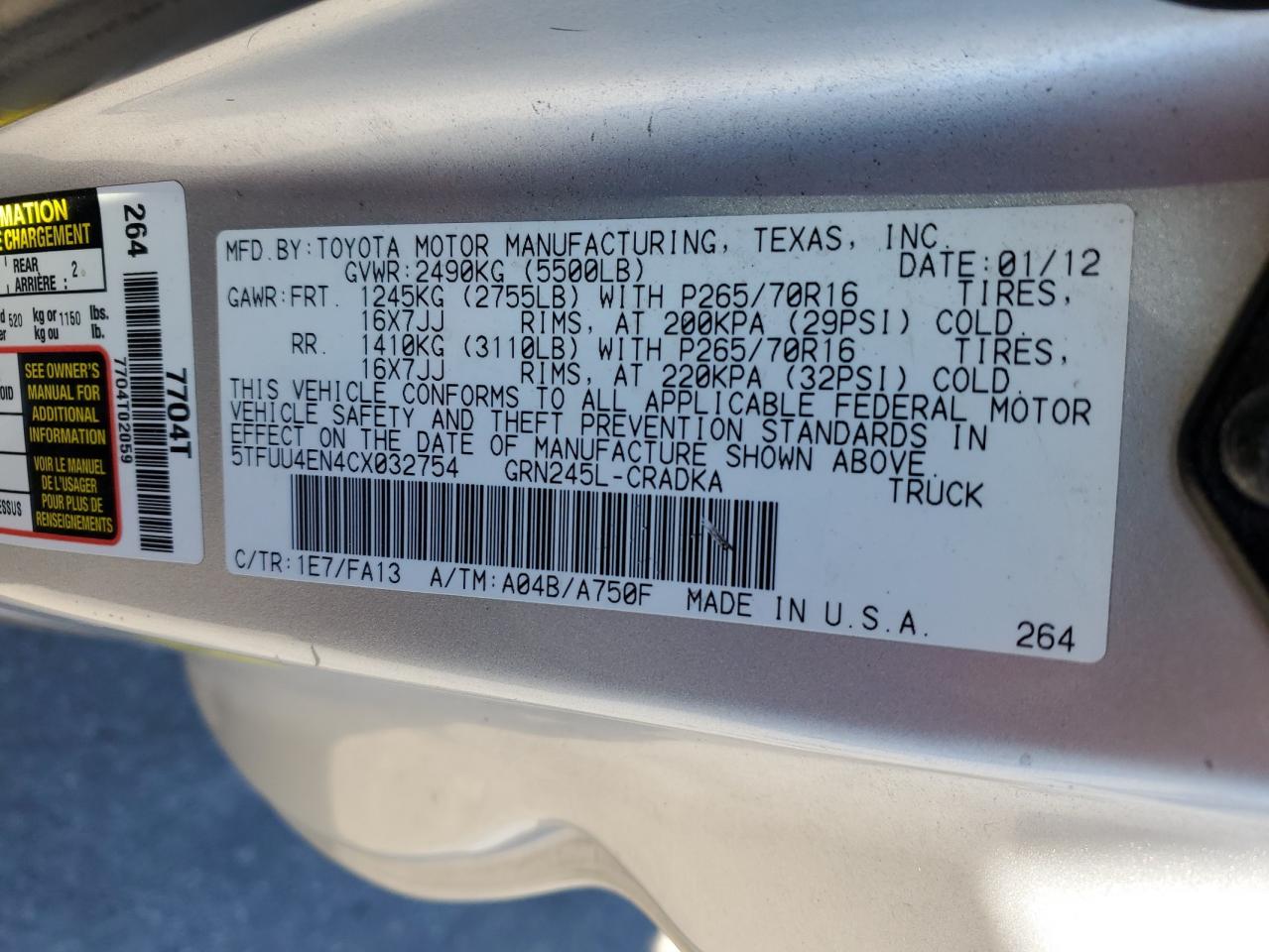 2012 Toyota Tacoma VIN 5TFUU4EN4CX032754 Copart auction photo, rear end damage thumbnail 12
