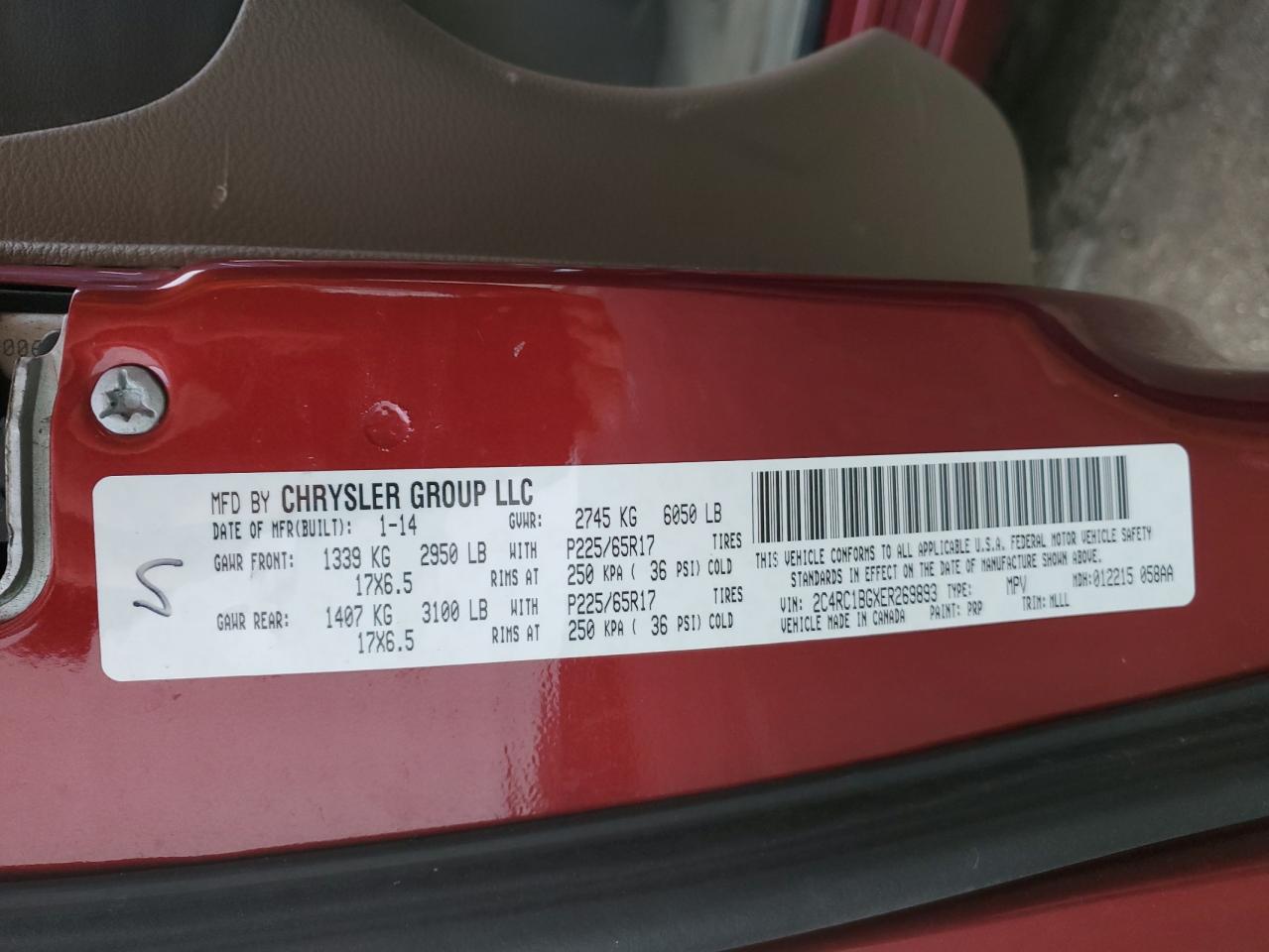 2014 Chrysler Town & Country VIN 2C4RC1BGXER269893 Copart auction photo, rear end / front end damage thumbnail 13