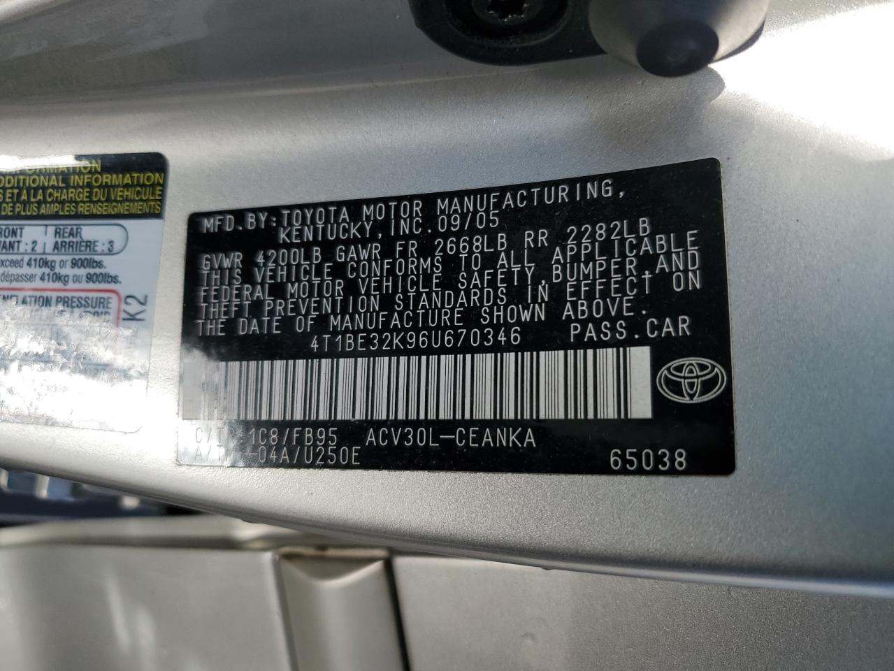 2006 Toyota Camry VIN 4T1BE32K96U670346 Copart auction photo, front end damage thumbnail 13