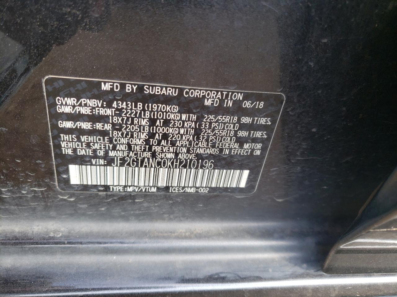 2019 Subaru XV VIN JF2GTANC0KH210196 Copart auction photo, rear end damage thumbnail 13